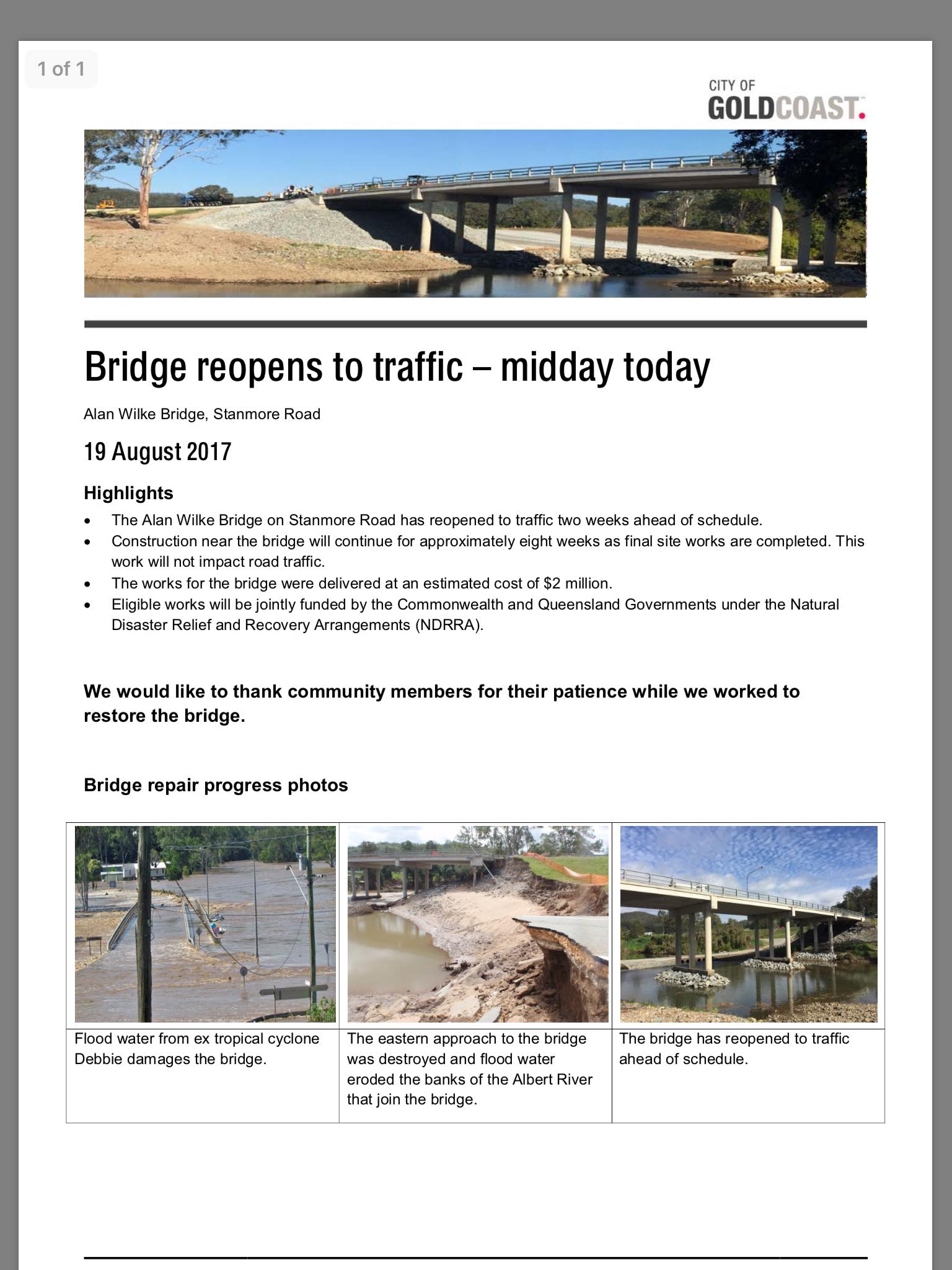 Alan Wilke Bridge Re-Opens