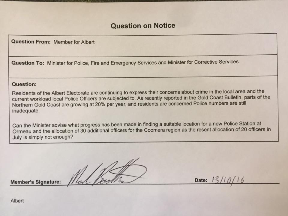 Question On Notice to the Minister for Police.